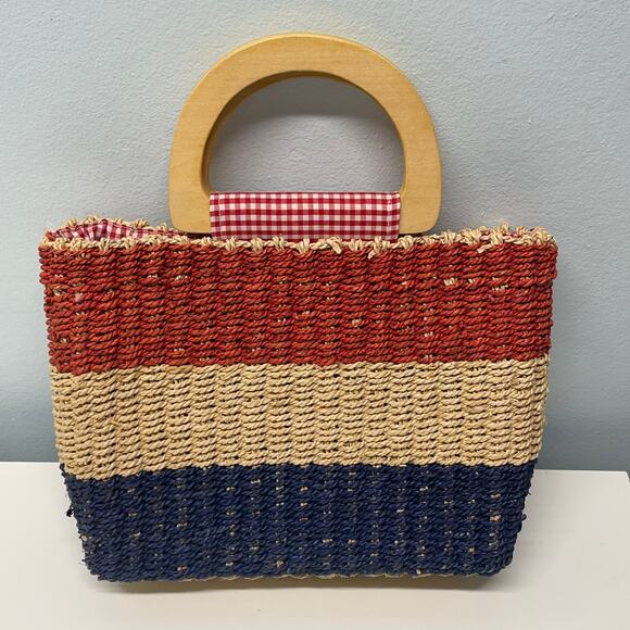 Vintage Tommy Hilfiger Straw Wicker Purse Tote Wooden Handles Lined Red Blue Y2K - Picture 3 of 6